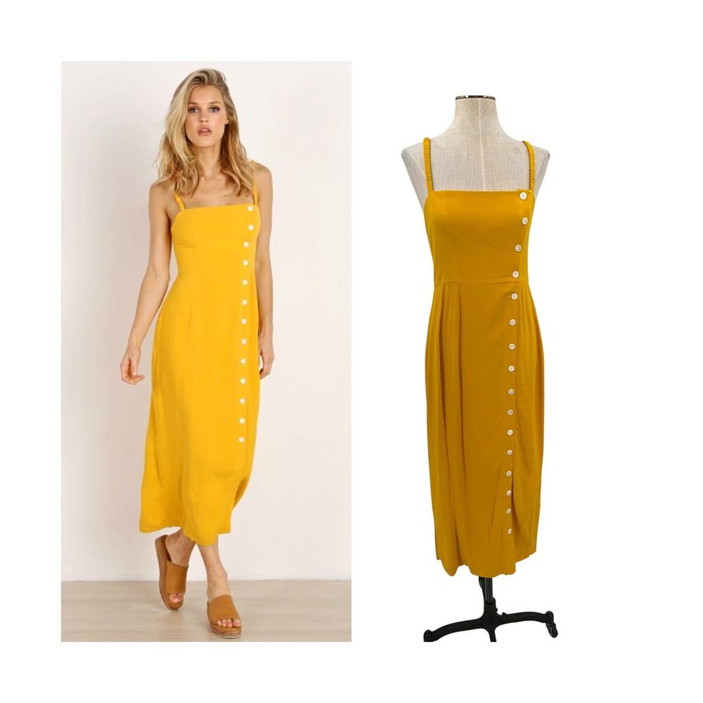 Capulet Janette Button Front Midi Dress Saffron Mustard Yellow Size Small